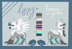 Size: 3352x2320 | Tagged: safe, artist:beashay, imported from derpibooru, oc, oc only, oc:izzy, griffon, choker, clothes, collar, eyeshadow, female, goth, gothic, high res, leg warmers, makeup, piercing, reference sheet, socks, solo, stockings, thigh highs