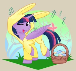 Size: 2565x2414 | Tagged: safe, artist:cadetredshirt, imported from derpibooru, twilight sparkle, alicorn, butterfly, pony, animal costume, basket, bunny costume, bunny ears, clothes, commission, costume, cute, digital art, easter, easter basket, easter egg, female, high res, holiday, horn, looking at you, mare, music notes, one eye closed, simple background, singing, solo, twiabetes, twilight sparkle (alicorn), walking, wings, wink, ych result, your character here