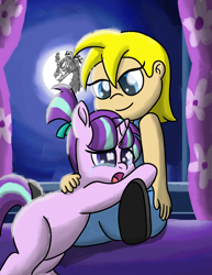 Size: 2550x3300 | Tagged: safe, artist:saburodaimando, imported from derpibooru, pony of shadows, starlight glimmer, oc, oc:wanda young, human, alternate universe, child, comfort, crying, female, filly, filly starlight glimmer, hug, moon, night, sad, younger