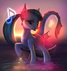 Size: 2903x3052 | Tagged: safe, artist:xbi, imported from derpibooru, sonata dusk, half-siren, hybrid, original species, pony, beach, ear fins, female, fin wings, looking at you, music, music notes, ocean, raised hoof, singing, species swap, sunset, water, wings