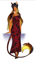 Size: 588x975 | Tagged: safe, artist:blackblood-queen, imported from derpibooru, oc, oc only, oc:daniel dasher, anthro, dracony, hybrid, unguligrade anthro, anthro oc, clothes, cloven hooves, crossdressing, digital art, dress, eyeshadow, jewelry, leonine tail, lipstick, makeup, male, necklace, pearl necklace, red dress, simple background, smiling, stallion, white background, wingless, wingless anthro