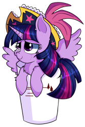 Size: 4000x6000 | Tagged: safe, artist:rainbowtashie, imported from derpibooru, twilight sparkle, alicorn, pony, bucket, captain twilight, cheek fluff, chest fluff, commission, cup, cup of pony, cute, feathered wings, female, fluffy, hat, hay, hoof fluff, looking at someone, looking at something, micro, pirate hat, pirate twilight, simple background, solo, spread wings, tiny, tiny ponies, transparent background, twiabetes, twilight sparkle (alicorn), wings