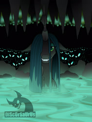 Size: 1828x2413 | Tagged: safe, artist:discorsaurus, imported from derpibooru, queen chrysalis, changeling, changeling queen, bath, cave, cocoon, dark, evil grin, female, glow, glowing, grin, looking at you, partially submerged, slime, smiling, water, wet, wet mane