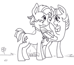 Size: 1113x974 | Tagged: safe, artist:piandow, imported from derpibooru, star tracker, twilight sparkle, alicorn, earth pony, pony, blushing, boop, cute, female, flower, heart, male, mare, monochrome, open mouth, shipping, stallion, straight, twilight sparkle (alicorn), twitracker