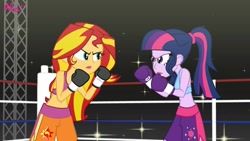 Size: 1280x720 | Tagged: safe, artist:bbbl-alam, imported from derpibooru, sci-twi, sunset shimmer, twilight sparkle, equestria girls, boxing, boxing gloves, boxing ring, clothes, commission, fighting stance, shorts, sports, sports bra, sports shorts