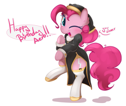 Size: 889x748 | Tagged: safe, artist:sip, imported from derpibooru, pinkie pie, pony, blushing, dressed up, english, female, garter belt, looking at you, nun, one eye closed, simple background, solo, standing, text, transparent background, wink