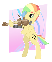 Size: 1850x2220 | Tagged: safe, artist:dyonys, imported from derpibooru, oc, oc:rainbow sound, earth pony, bow, bowtie, ear piercing, male, multicolored hair, musical instrument, piercing, rainbow hair, stallion, violin