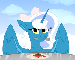 Size: 2500x2000 | Tagged: safe, artist:koloredkat, imported from derpibooru, oc, oc:fleurbelle, alicorn, alicorn oc, bow, cloud, female, food, fork, hair bow, horn, looking at you, mare, meatball, meatballs, mouth hold, pasta, plate, spaghetti, table, yellow eyes