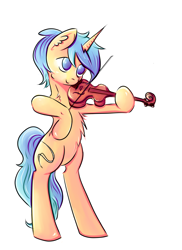 Size: 2460x3370 | Tagged: safe, artist:coco-drillo, imported from derpibooru, oc, oc only, oc:dex, pony, unicorn, chest fluff, cute, ear fluff, horn, messy mane, musical instrument, standing, unicorn oc, violin