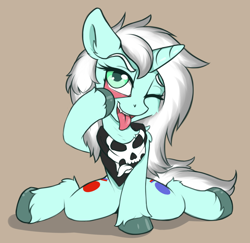 Size: 1512x1470 | Tagged: safe, artist:arjinmoon, imported from derpibooru, oc, oc only, oc:silver schism, pony, unicorn, akanbe, bandana, simple background, solo, tongue out