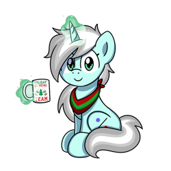 Size: 2000x2000 | Tagged: safe, artist:sugar morning, imported from derpibooru, oc, oc only, oc:silver schism, pony, unicorn, bandana, female, looking at you, magic, mare, mug, simple background, sitting, solo, telekinesis, transparent background