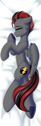 Size: 2362x7086 | Tagged: safe, artist:xcinnamon-twistx, imported from derpibooru, oc, oc only, pegasus, pony, bed, bed sheets, body pillow, body pillow design, calm, comfy, commission, eyes closed, female, floppy ears, happy, mare, on side, side, smiling, wings, ych result, your character here