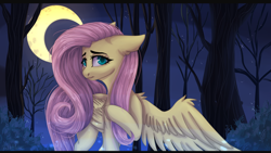 Size: 3600x2035 | Tagged: safe, artist:deathplace69, imported from derpibooru, fluttershy, pegasus, pony, crescent moon, female, forest, mare, moon, night, solo, walking