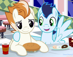 Size: 2545x2000 | Tagged: safe, artist:chainchomp2, imported from derpibooru, fire streak, soarin', pegasus, pony, cafe, chocolate, coffee, donut, donut shop, duo, duo male, food, high res, hot chocolate, hug, male, pi day, pie, show accurate, stallion, that pony sure does love pies, tim hortons, vector, wonderbolts