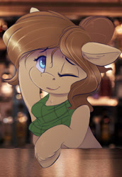 Size: 2200x3200 | Tagged: safe, artist:ardail, imported from derpibooru, oc, oc only, oc:mocha latte, earth pony, pony, bandana, clothes, cloven hooves, cute, female, high res, mare, one eye closed, scarf, smiling, solo, wink