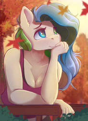 Size: 3300x4500 | Tagged: safe, artist:ardail, imported from derpibooru, oc, oc only, anthro, anthro oc, autumn, breasts, cleavage, clothes, female, fence, heterochromia, high res, leaning, leaning forward, mare, smiling, solo, tanktop, tree