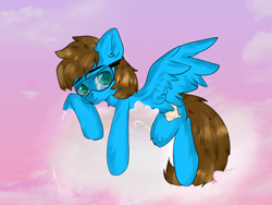 Size: 1600x1200 | Tagged: safe, artist:tosha_papuru0404, imported from derpibooru, oc, oc only, oc:blue scroll, pegasus, pony, cloud, male, safety goggles