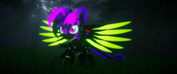 Size: 3840x1620 | Tagged: safe, artist:phoenixtm, imported from derpibooru, oc, oc:phoenix stardash, alicorn, cyborg, dracony, dragon, hybrid, pony, 3d, cyborg dracony, forest, moonlight, night, spread wings, unity (game engine), wings