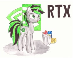 Size: 1280x1024 | Tagged: safe, artist:zocidem, imported from derpibooru, oc, oc only, pony, robot, robot pony, unicorn, female, gpu pony, logo, mare, mascot, nvidia, reference, rtx, solo, traditional art, trash can