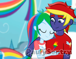 Size: 5500x4250 | Tagged: safe, artist:paulysentry, deleted from derpibooru, imported from derpibooru, rainbow dash, oc, equestria girls, canon x oc, dashibetes, eyes closed, rainbow dash's bedroom, smiling, snuggling