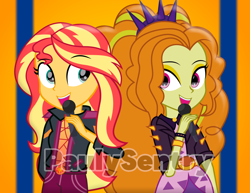 Size: 5500x4250 | Tagged: safe, artist:paulysentry, deleted from derpibooru, imported from derpibooru, adagio dazzle, sunset shimmer, equestria girls, equestria girls series, sunset's backstage pass!, spoiler:eqg series (season 2), female, geode of empathy, lesbian, looking at each other, magical geodes, microphone, shipping, singing, sunsagio