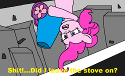 Size: 925x564 | Tagged: safe, artist:logan jones, imported from derpibooru, pinkie pie, earth pony, pony, building, concerned, crap, deadpool, female, highway, hoof hold, implied villain, party cannon, realized, road, solo, subtitles, upside down, vulgar, worried