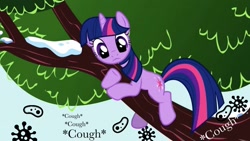 Size: 1231x692 | Tagged: safe, edit, edited screencap, imported from derpibooru, screencap, twilight sparkle, pony, unicorn, winter wrap up, bacteria, caption, coronavirus, cough, covid-19, cute, female, image macro, looking at something, looking down, mare, scared, sick, solo, text, tree, tree branch, twiabetes, unicorn twilight