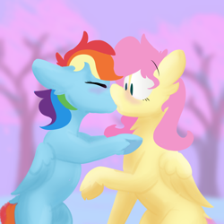 Size: 800x800 | Tagged: safe, artist:antimationyt, imported from derpibooru, fluttershy, rainbow dash, pegasus, pony, blushing, eyes closed, female, floppy ears, flutterdash, folded wings, kiss on the lips, kissing, lesbian, mare, missing cutie mark, outdoors, raised hoof, shipping, surprised, tree, unshorn fetlocks, wings