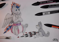 Size: 3923x2784 | Tagged: safe, artist:wittleskaj, imported from derpibooru, oc, oc:thunder heart, pegasus, wolf, abdl, adult foal, checkers, diaper, diaper fetish, fetish, male, non-baby in diaper, playing, plushie, promarker, stallion, traditional art