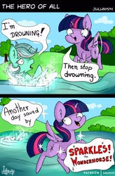 Size: 1600x2434 | Tagged: safe, artist:julunis14, imported from derpibooru, lyra heartstrings, twilight sparkle, alicorn, pony, unicorn, sparkles! the wonder horse!, comic, dark comedy, dialogue, drowning, female, mare, twibitch sparkle, twilight sparkle (alicorn), water