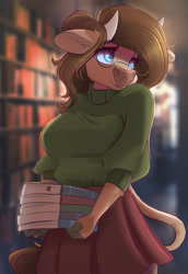 Size: 2200x3200 | Tagged: safe, artist:ardail, imported from derpibooru, oc, oc only, oc:mocha latte, anthro, cow, anthro oc, blue eyes, book, breasts, carrying, clothes, cow oc, cowified, cute, female, glasses, high res, library, skirt, solo, species swap, sweater