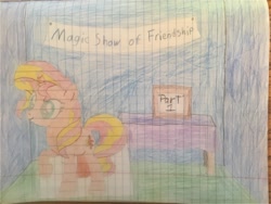 Size: 3264x2448 | Tagged: safe, artist:dupontsimon, imported from derpibooru, sunset shimmer, fanfic:magic show of friendship, equestria girls, cardboard cutout, fanfic art, lined paper, title card, traditional art