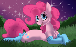 Size: 1920x1200 | Tagged: safe, artist:brainiac, imported from derpibooru, pinkie pie, earth pony, pony, chest fluff, clothes, female, grass, happy, mare, night, prone, smiling, socks, solo