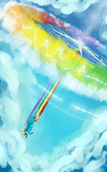 Size: 1920x3072 | Tagged: safe, artist:tooyz, imported from derpibooru, rainbow dash, pegasus, pony, cloud, epic, female, flying, mare, rainbow trail, sky, solo, sonic rainboom