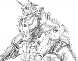 Size: 1400x1102 | Tagged: safe, artist:baron engel, imported from derpibooru, applejack, anthro, earth pony, robot, clothes, female, grayscale, gun, macross, mare, monochrome, pencil drawing, robotech, simple background, solo, traditional art, trigger discipline, vf-1 valkyrie, weapon, white background