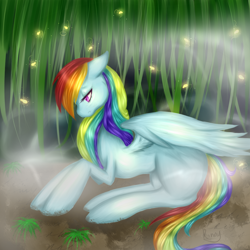 Size: 1000x1000 | Tagged: safe, artist:kinjareta, imported from derpibooru, rainbow dash, pegasus, pony, female, ground, mare, sad, solo, spread wings, wings