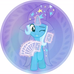 Size: 3464x3464 | Tagged: safe, artist:kayla, imported from derpibooru, trixie, cape, card, clothes, hat, horn, magic, trixie's cape, trixie's hat