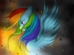 Size: 4000x3000 | Tagged: safe, artist:kinjareta, imported from derpibooru, rainbow dash, pegasus, pony, badass, female, fire, mare, smoke, solo, spread wings, unhappy, wings