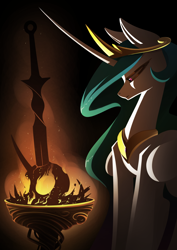 Size: 2480x3508 | Tagged: safe, artist:underpable, imported from derpibooru, princess celestia, alicorn, pony, dark souls, female, fire, mare, skull, solo, sword, weapon