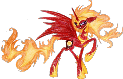 Size: 701x454 | Tagged: safe, artist:mysteriousshine, imported from derpibooru, nightmare star, alicorn, pony, crown, eyelashes, female, hoof shoes, jewelry, mane of fire, mare, peytral, raised hoof, redesign, regalia, simple background, smiling, solo, traditional art, transparent background