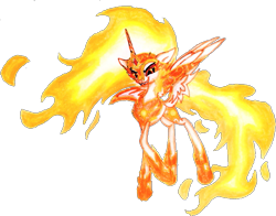 Size: 689x541 | Tagged: safe, artist:mysteriousshine, imported from derpibooru, daybreaker, alicorn, pony, crown, eyelashes, female, hoof shoes, jewelry, mane of fire, mare, peytral, raised hoof, regalia, simple background, smiling, solo, traditional art, transparent background