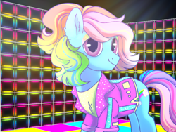 Size: 1024x768 | Tagged: source needed, useless source url, safe, artist:importantgreatwake, artist:pigeorgien, imported from derpibooru, rainbow dash (g3), earth pony, pony, 80s, clothes, dance floor, disco rd, eyeshadow, female, g3, g3.5, heart eyes, makeup, mare, solo, wingding eyes