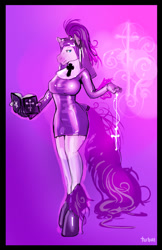 Size: 649x1000 | Tagged: safe, artist:turbinedivinity, imported from derpibooru, oc, oc only, anthro, earth pony, unguligrade anthro, abstract background, book, female, latex, latex suit, nun, signature, solo