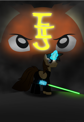 Size: 5876x8518 | Tagged: safe, artist:ejlightning007arts, imported from derpibooru, oc, oc:ej, alicorn, alicorn oc, clothes, cosplay, costume, crossover, cutie mark background, green, horn, jedi, lightsaber, looking back, magic, male, poster, stallion, star wars, telekinesis, weapon