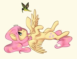 Size: 1996x1536 | Tagged: safe, artist:siripim111, imported from derpibooru, fluttershy, bird, pegasus, pony, chest fluff, cute, female, leg fluff, mare, on back, profile, shyabetes, simple background, solo, spread wings, wings, yellow background