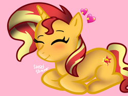 Size: 2048x1536 | Tagged: artist needed, safe, imported from derpibooru, sunset shimmer, pony, unicorn, cute, eyes closed, female, heart, mare, pink background, prone, shimmerbetes, simple background, solo