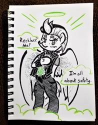 Size: 800x1022 | Tagged: safe, artist:shoeunit, imported from derpibooru, lightning dust, pegasus, pony, semi-anthro, blatant lies, clothes, dialogue, female, halo, mare, solo, traditional art