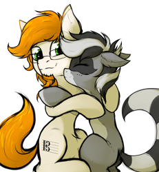 Size: 2400x2600 | Tagged: safe, artist:tatykin, imported from derpibooru, oc, oc:bandy cyoot, oc:jerry alton, earth pony, hybrid, pony, raccoon, raccoon pony, admiration, admiring, alto clef, big ears, black stripe, butt, closed mouth, cutie mark, ears, ears up, eye, eyebrows, eyelashes, eyes, facial hair, female, floppy ears, food, glasses, goatee, gray coat, green eyes, hair, happy, hooves, hug, lines, long hair male, loose hair, love, male, mare, mask, multicolored hair, muzzle, nose, nostrils, orange, plot, raised eyebrows, shading, shipping, short tail, smiling, snout, soft, stallion, striped tail, stripes, together, two toned mane, white pony, white stripes