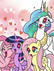 Size: 236x309 | Tagged: safe, artist:pencils, edit, imported from derpibooru, fluttershy, pinkie pie, princess celestia, twilight sparkle, alicorn, earth pony, pegasus, pony, crown, cute, eyes closed, female, floppy ears, folded wings, heart, heart eyes, jewelry, lidded eyes, looking at someone, looking at something, open mouth, regalia, shyabetes, twilight sparkle (alicorn), wingding eyes, wings