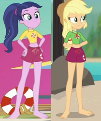 Size: 1860x2222 | Tagged: safe, imported from derpibooru, applejack, baewatch, equestria girls, equestria girls series, i'm on a yacht, turf war, spoiler:eqg series (season 2), barefoot, beach, belly button, clothes, comparison, feet, female, geode of super strength, legs, lifeguard, lifeguard applejack, magical geodes, midriff, ponytail